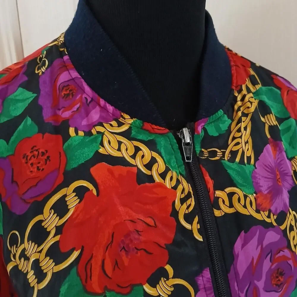 Vintage 90s Vibrant All Over Print Floral Gold Chain Bomber Jacket Dopamine